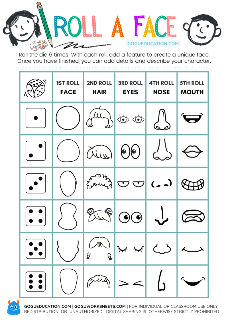 Roll a Face drawing game worksheet printable for kids
