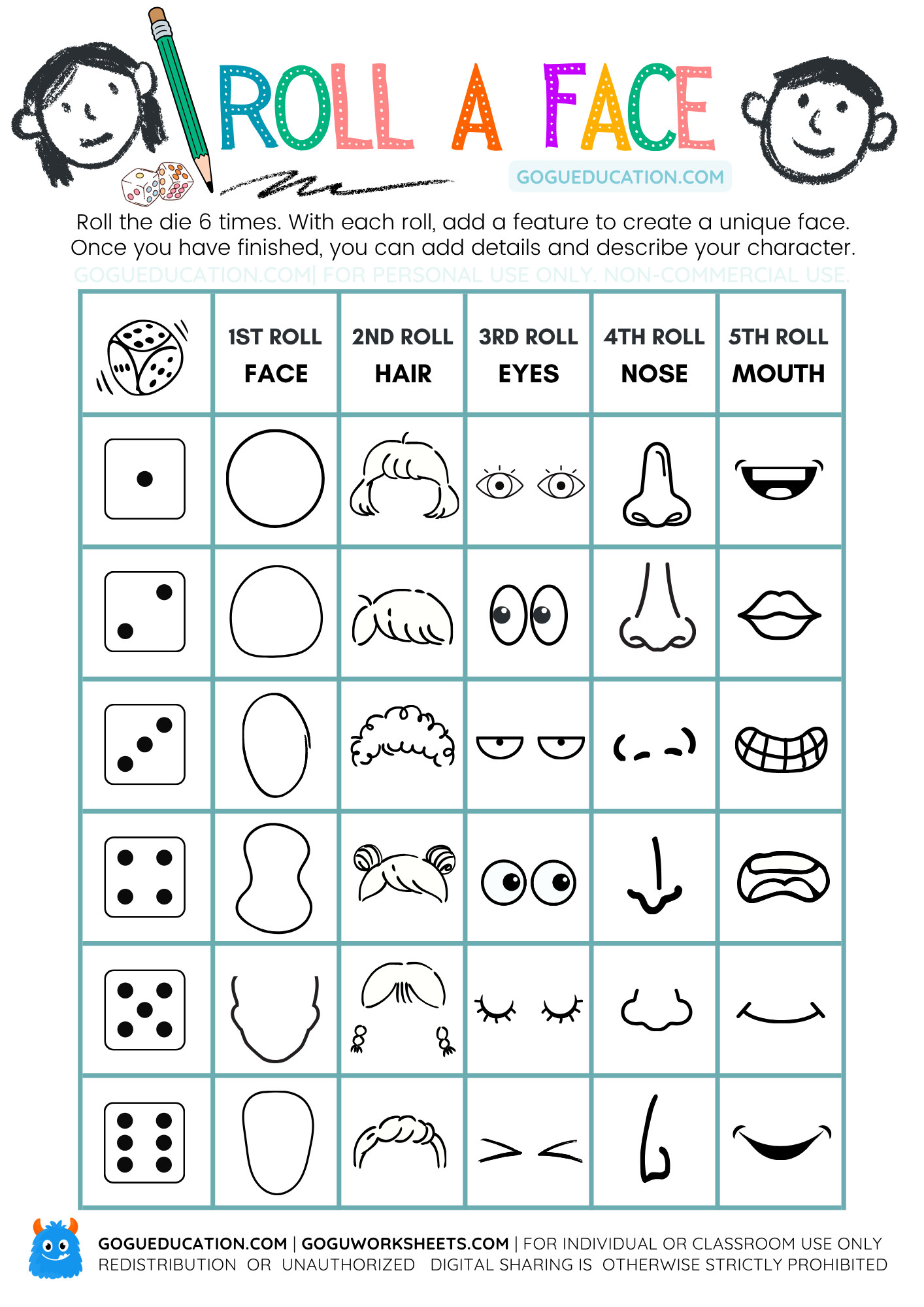 Roll-A-Face Drawing Game Worksheet