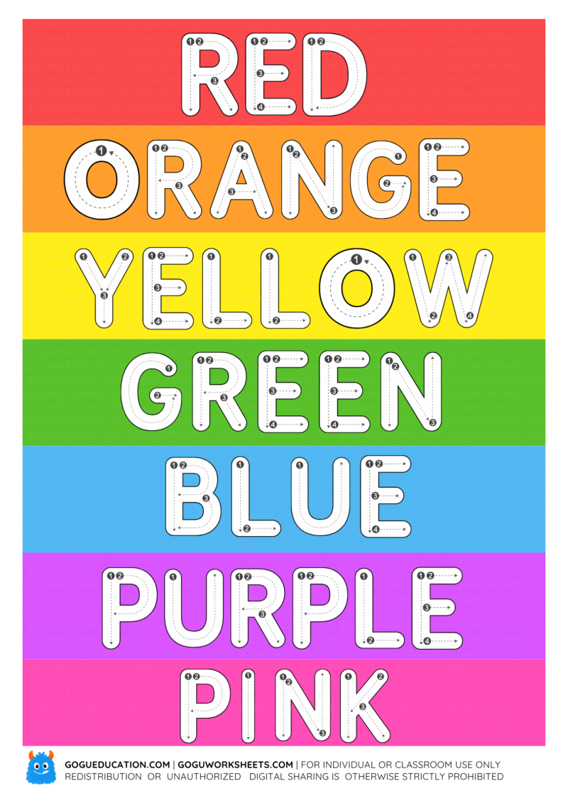 Matching worksheet where the color names are hollow with directional dots and arrows, designed for children to trace.