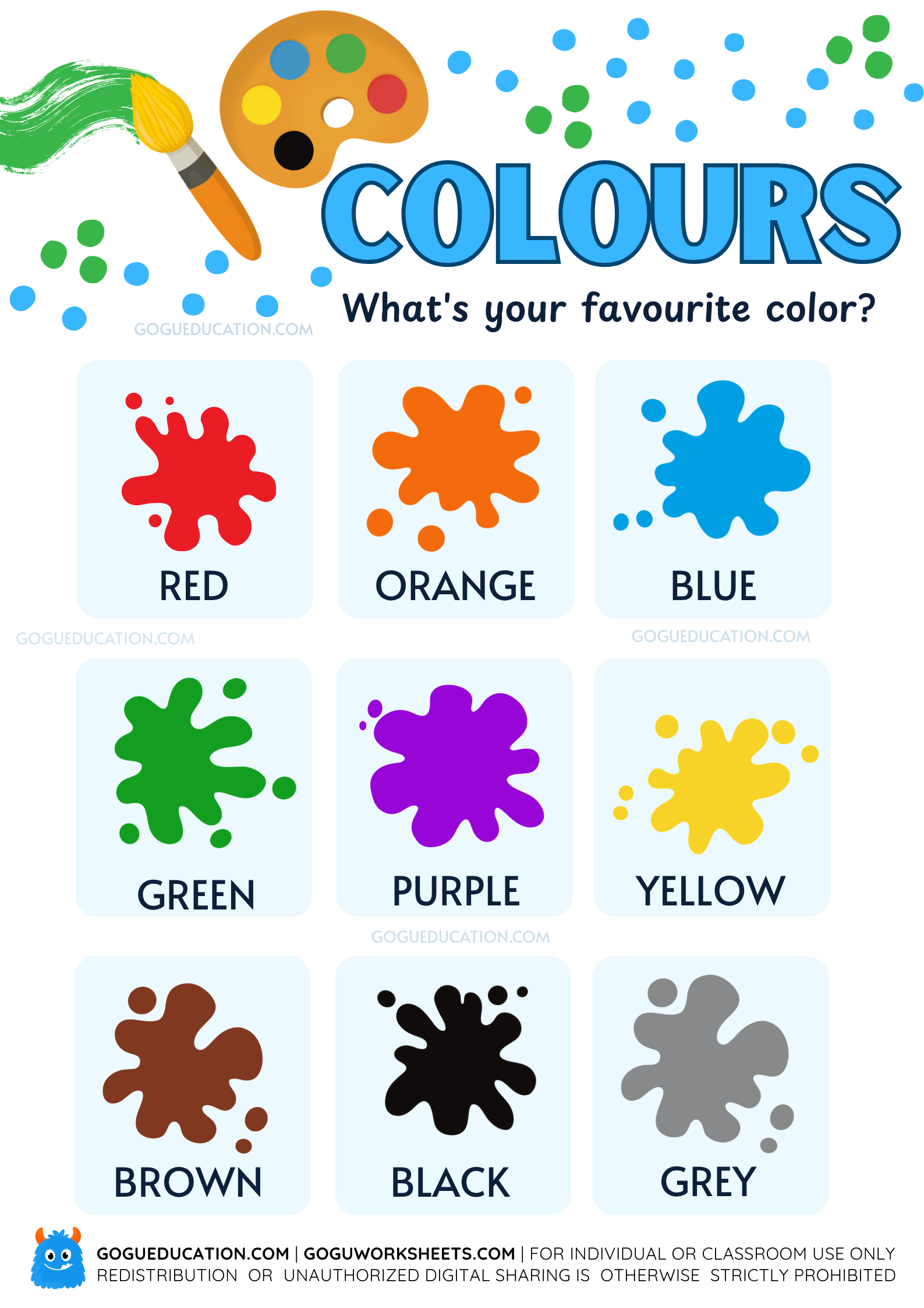 Vibrant English colours poster for children featuring 11 color names and matching illustrations for ESL vocabulary building by Gogu Education.