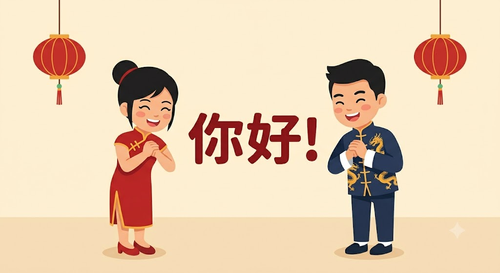 Chinese greetings for kids showing ni hao hello in Mandarin