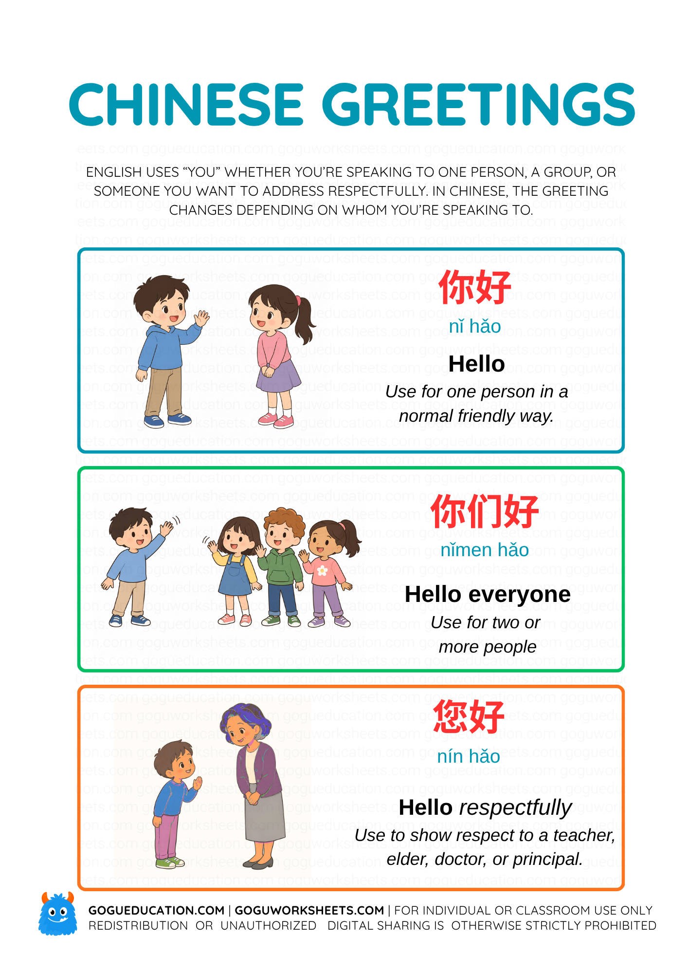 Chinese greetings for kids showing ni hao hello in Mandarin