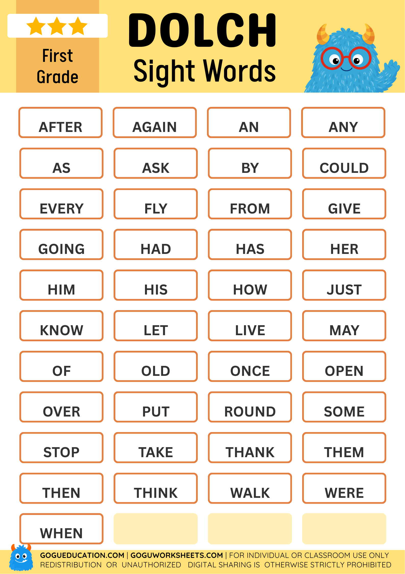 Dolch Sight Word Poster First Grade
