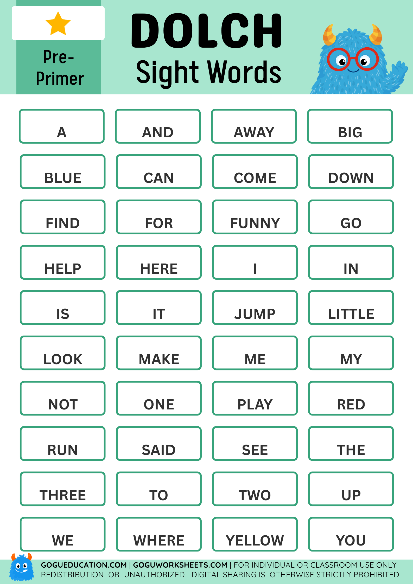 Dolch Sight Word Poster Pre-Primer