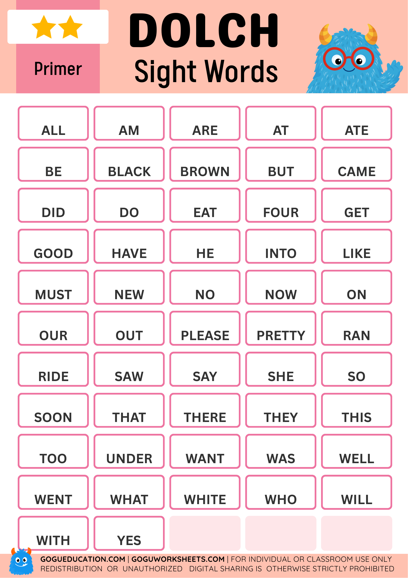 Dolch Sight Word Poster Primer