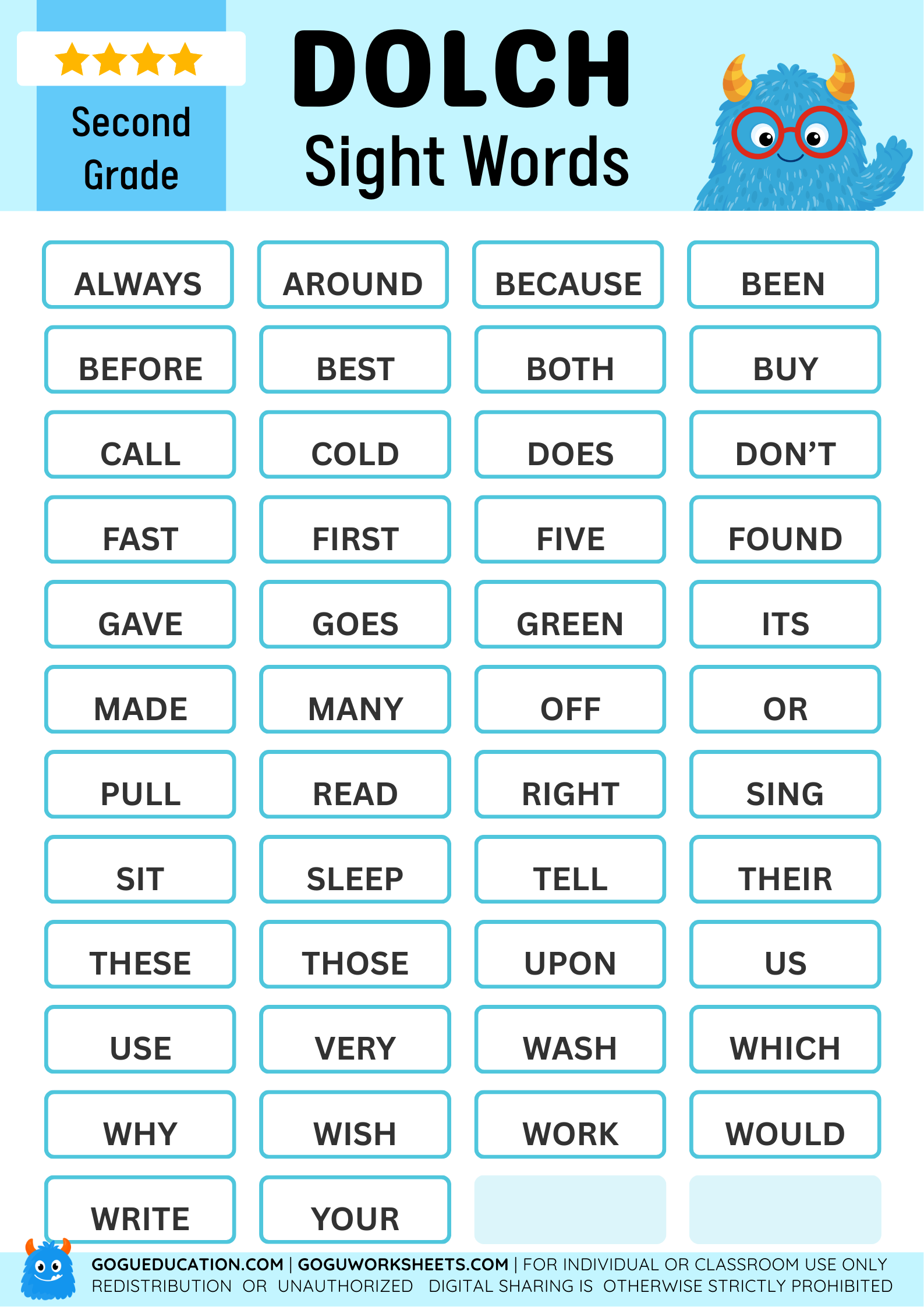 Dolch Sight Word Poster Second Grade