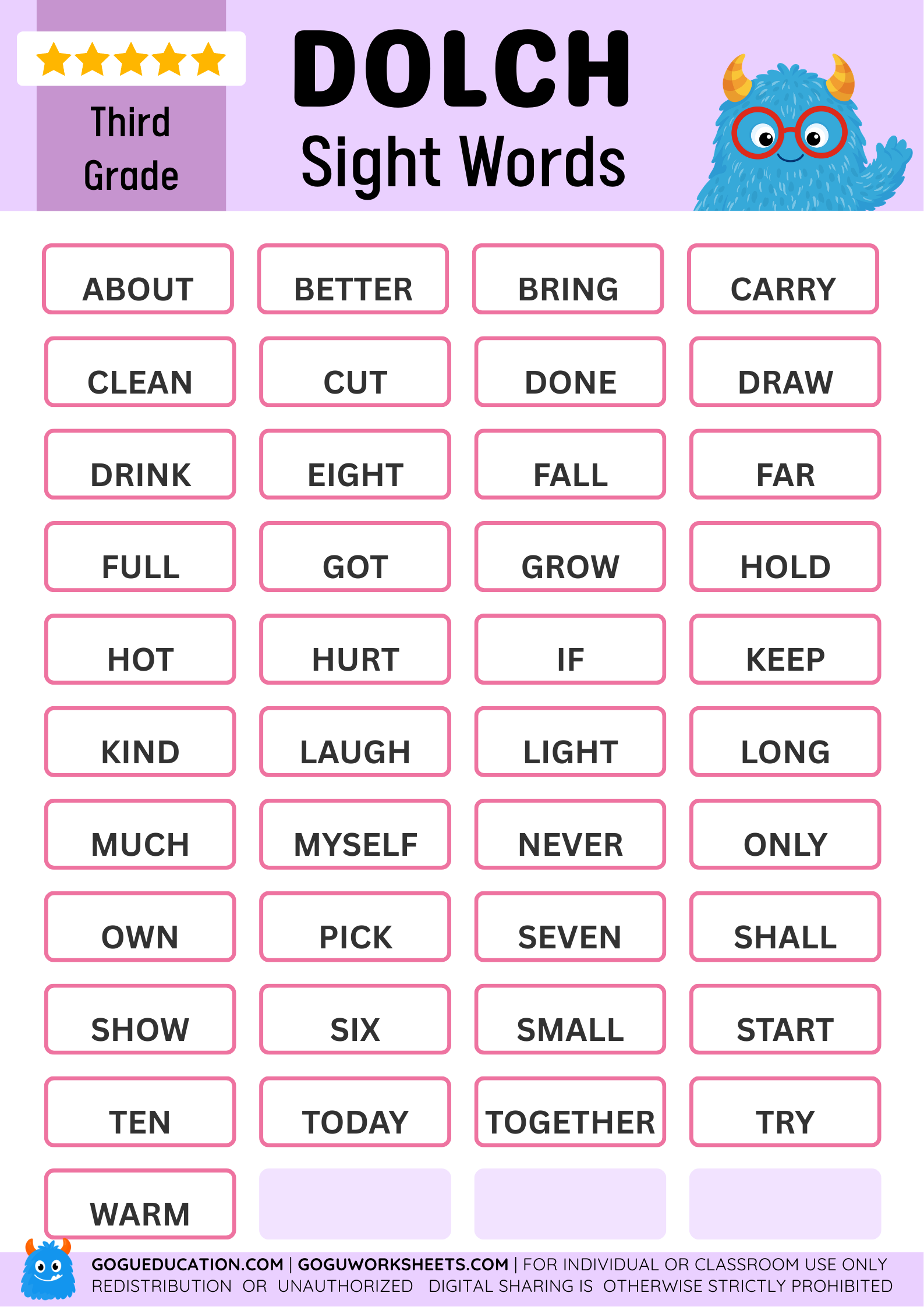 Dolch Sight Word Poster Third Grade