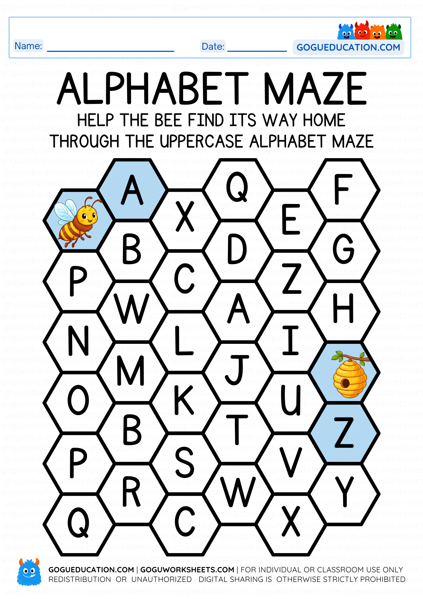 English Alphabet Uppercase Letters Bee Worksheet