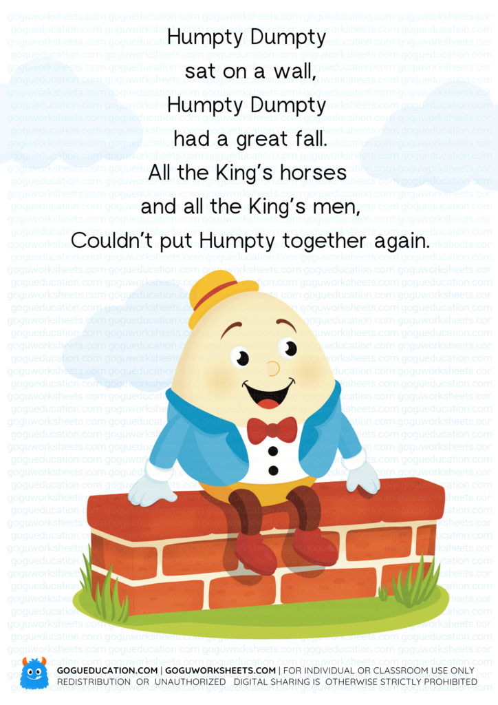 Humpty Dumpty sitting on a brick wall illustration for kids