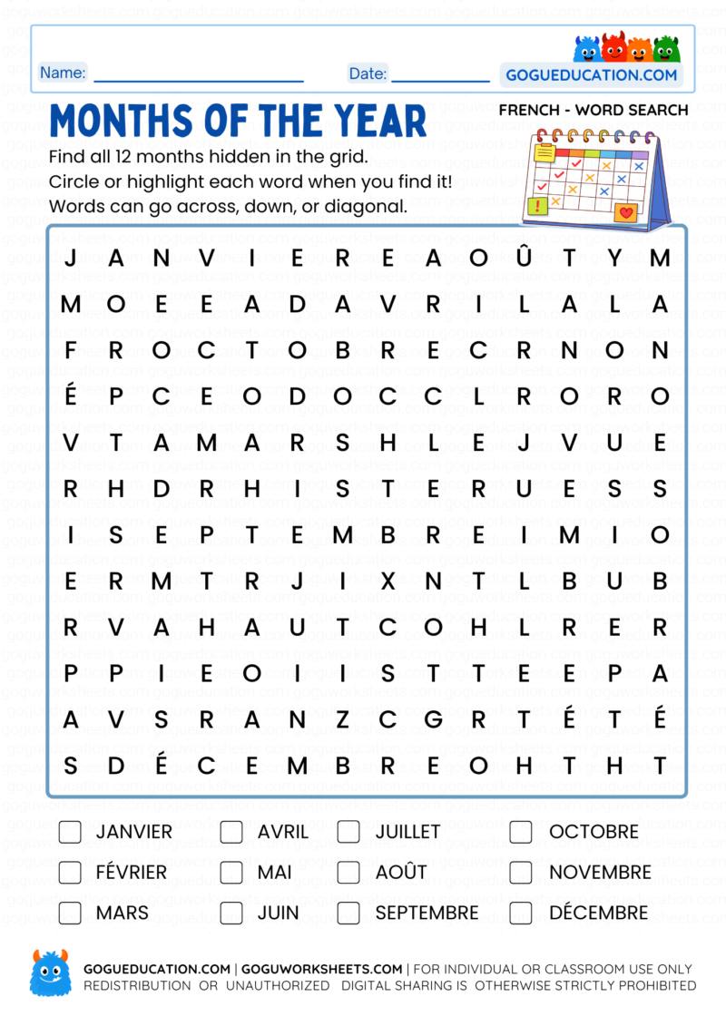 A colorful French educational worksheet titled "Months of the Year" featuring a word search grid and a list of the 12 months in French with checkboxes.