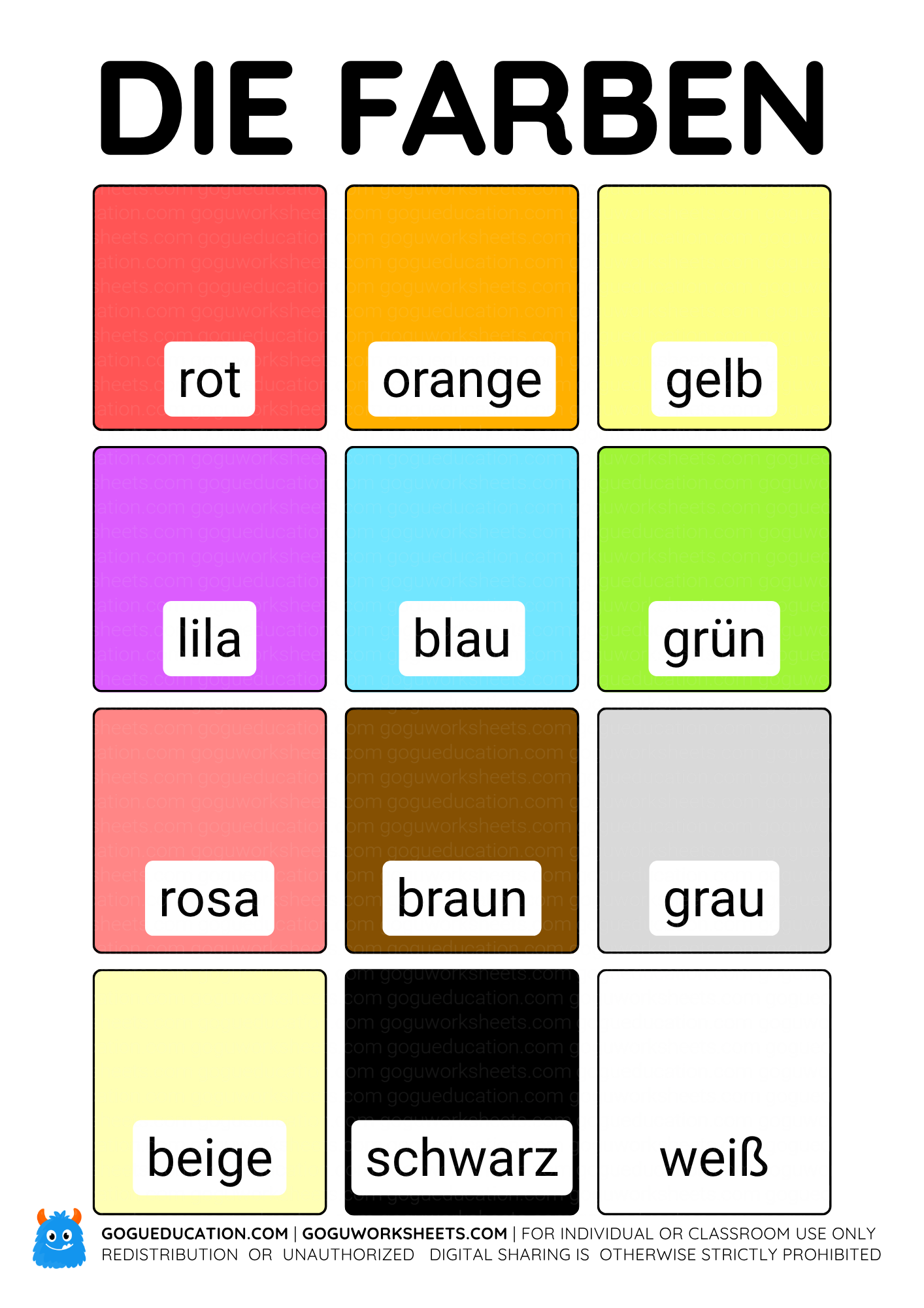 Free printable German colors flashcards poster for kids and beginner German learners