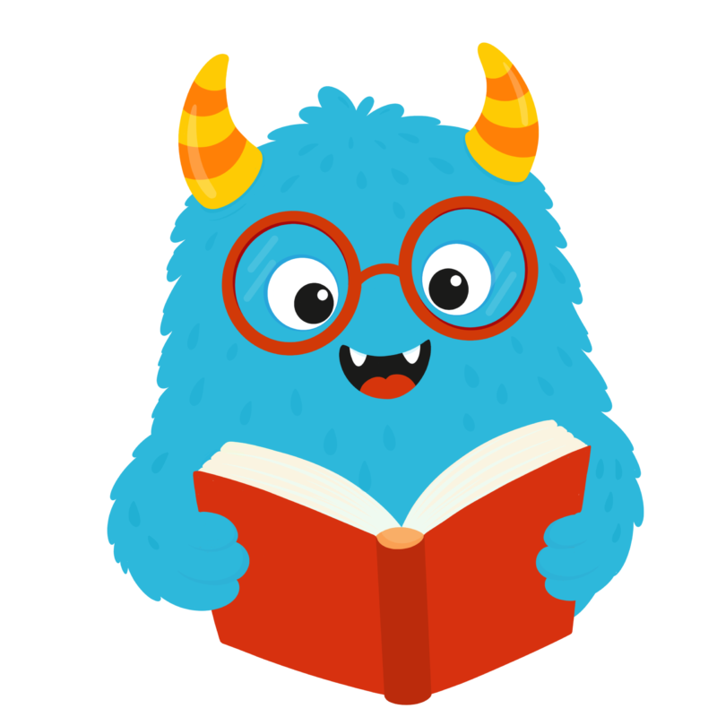 Cute blue mascot reading a book