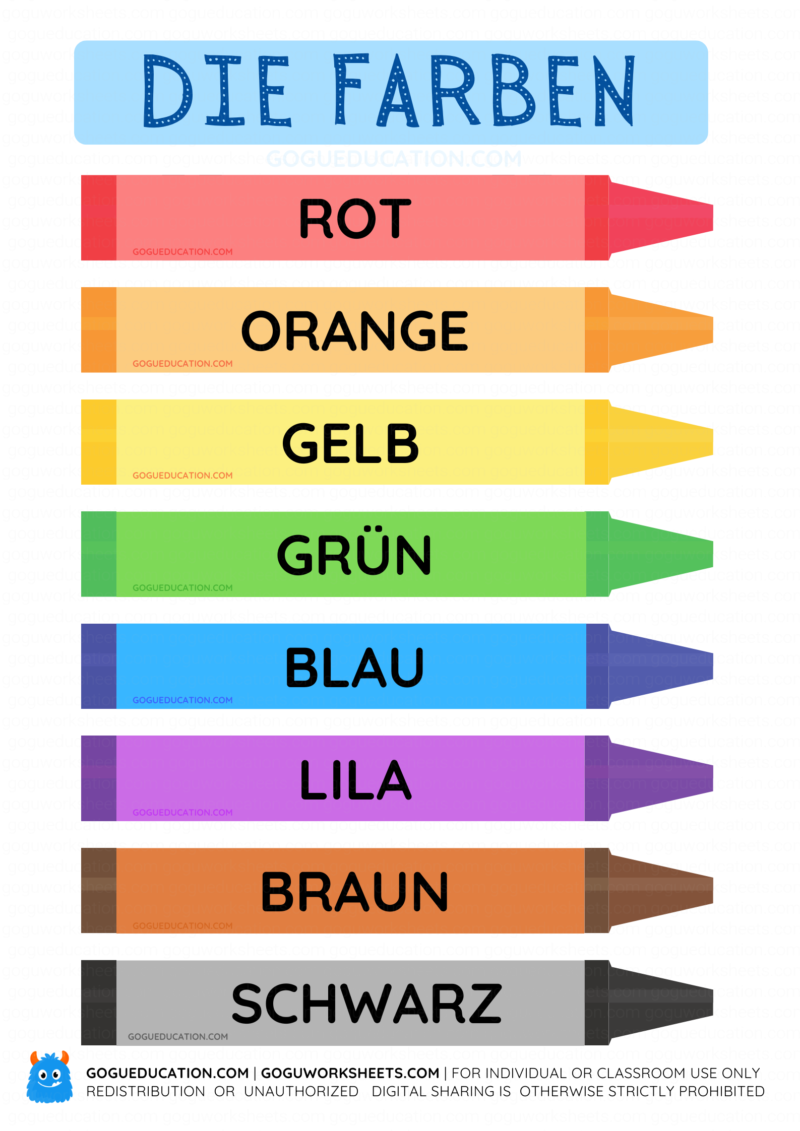 Educational 'Die Farben' (Colours) poster in German, featuring eight colourful crayons, each labeled with its corresponding German colour name: Rot, Orange, Gelb, Grün, Blau, Lila, Braun, and Schwarz.