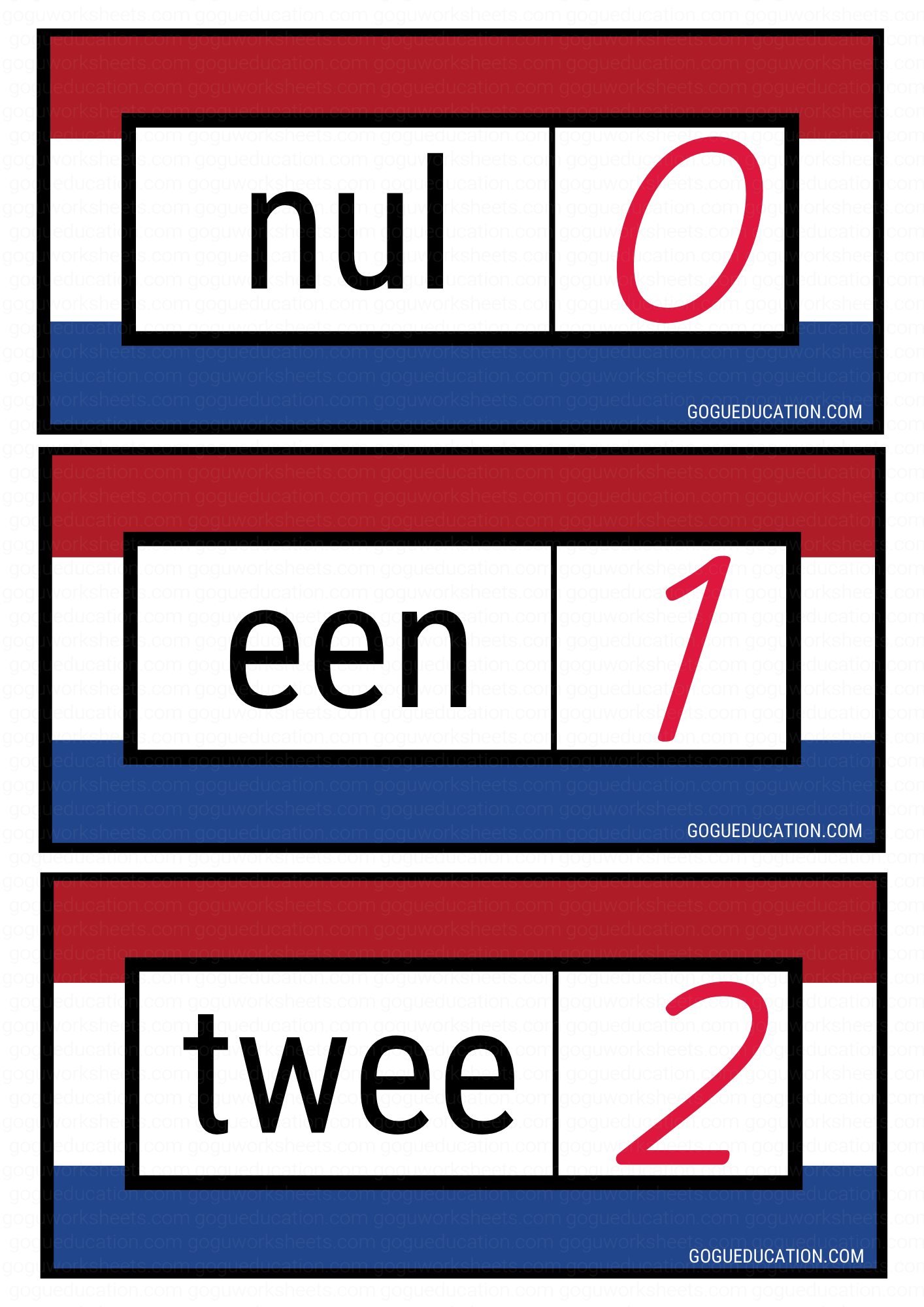 Dutch numbers flashcards for children nul (0), een (1), twee (2) with flag - Gogu Education