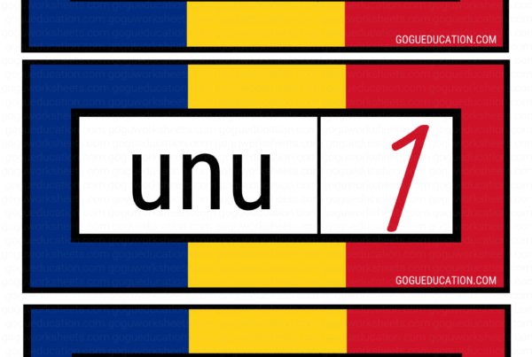 Romanian number flashcards for kids showing zero (0), unu (1), and doi (2) with Romanian flag background - Gogu Education