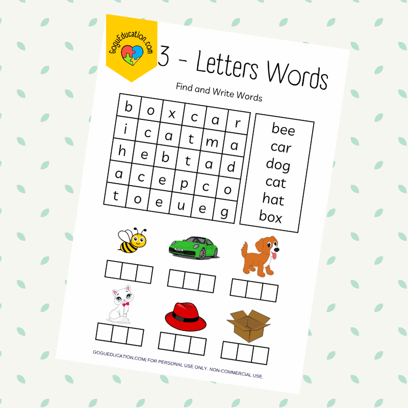 English 3 letters Words Worksheet for Kindergarten