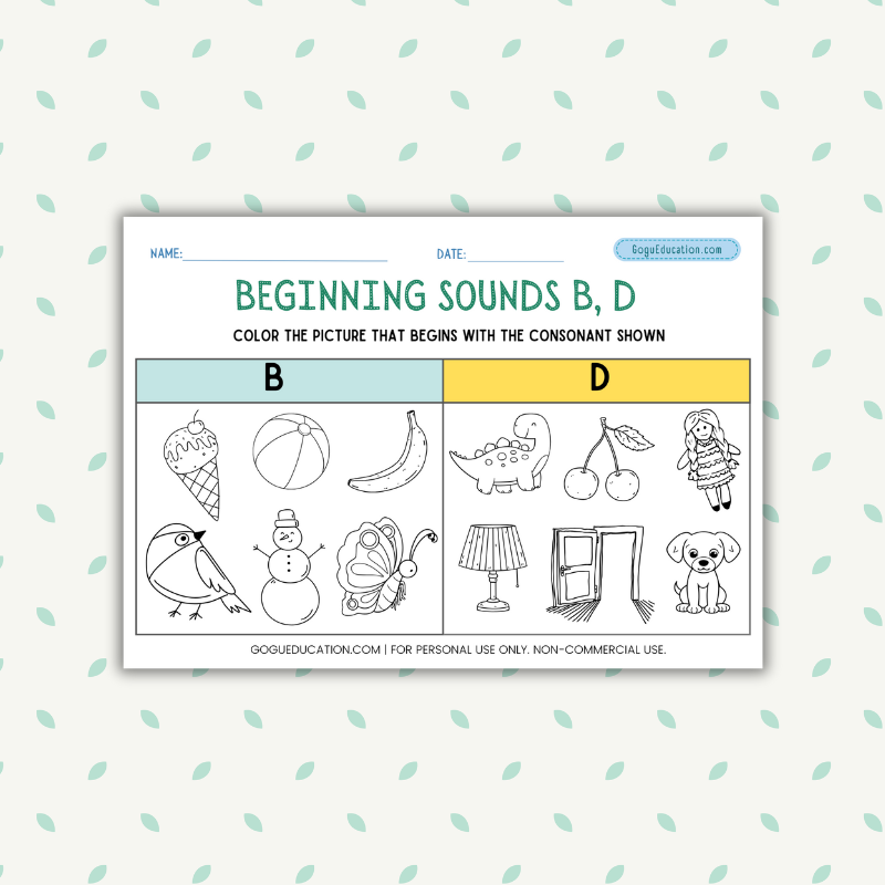 Beginning Sounds b, d Color the picture that begins with the consonant shown