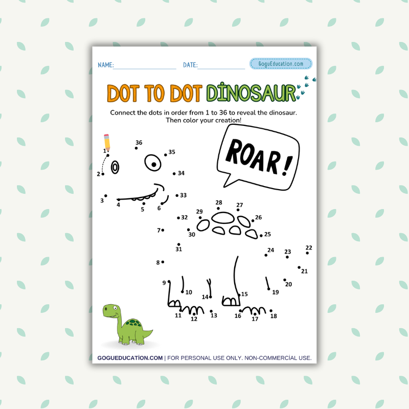 Dot to Dot Dinosaur – Free Printable Counting and Coloring Worksheet for Kids Gogu Education