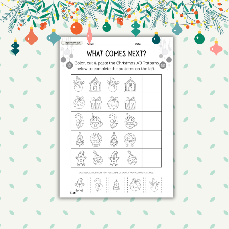 Christmas AB Patterns What comes next? Worksheet Gogu Education