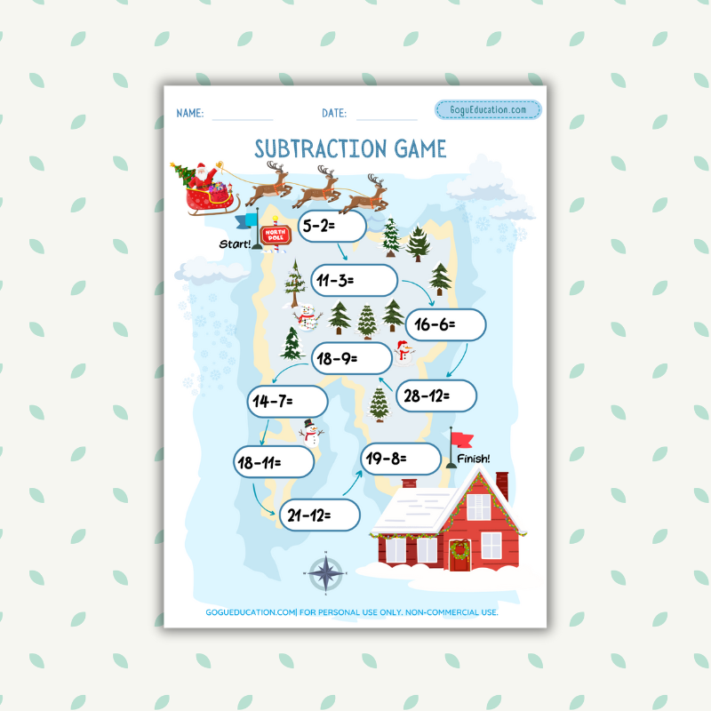 Christmas Subtraction Game Worksheet Gogu Education