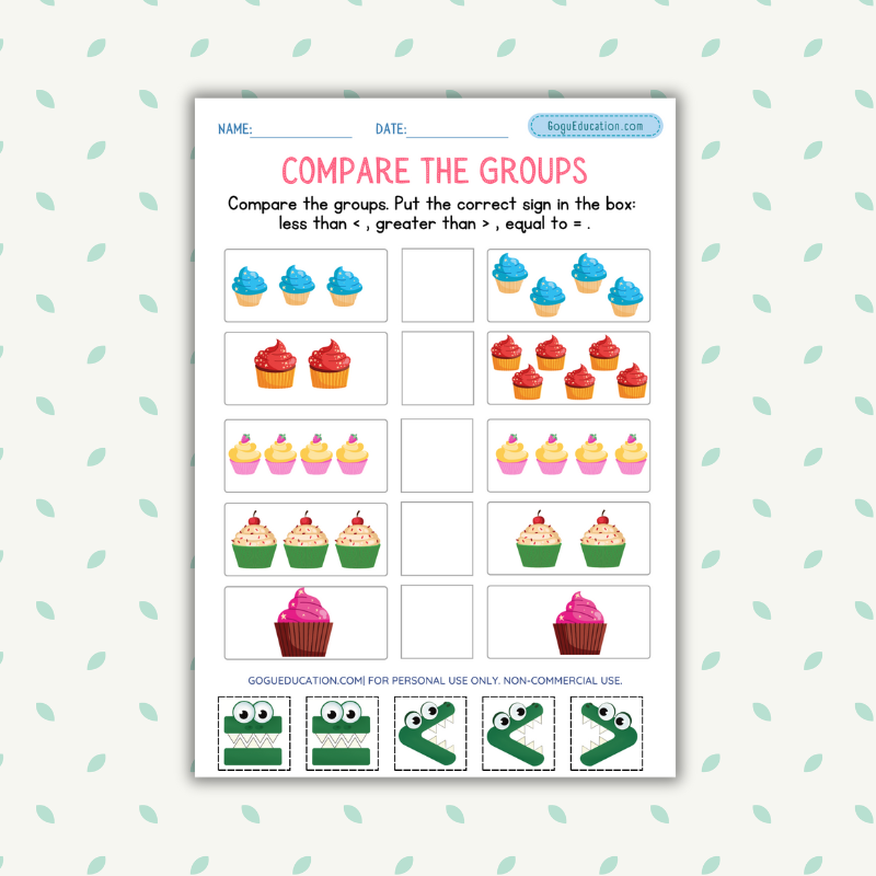 Alligator Compare the Groups Cupcake-themed worksheet