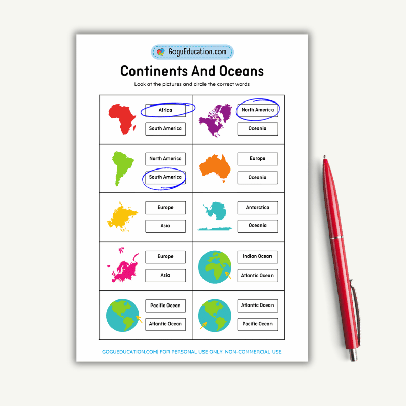 Continents Matching Worksheet