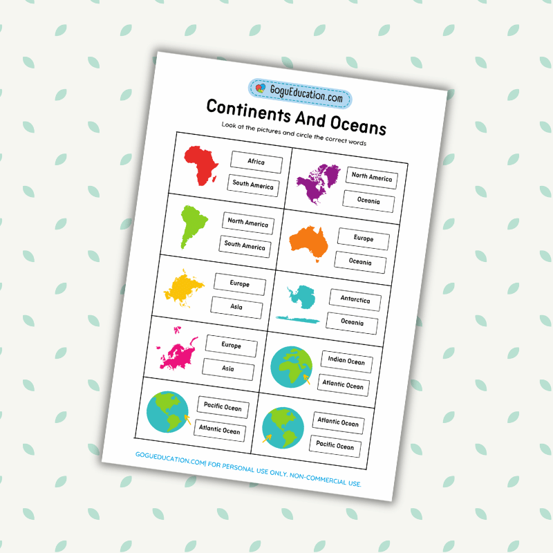 Continents Matching Worksheet Countries and Oceans Vocabulary