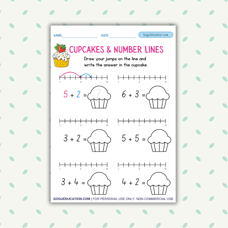 Cupcakes & Number Lines – Free Printable Addition Worksheet for Kids