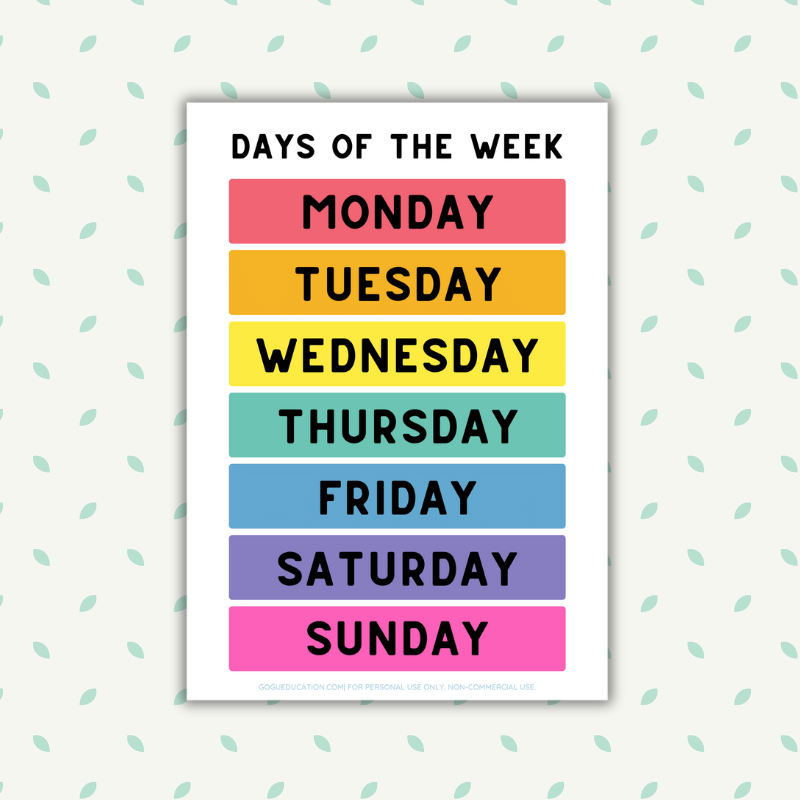 Days of the Week - 5 Posters for Home and Classroom