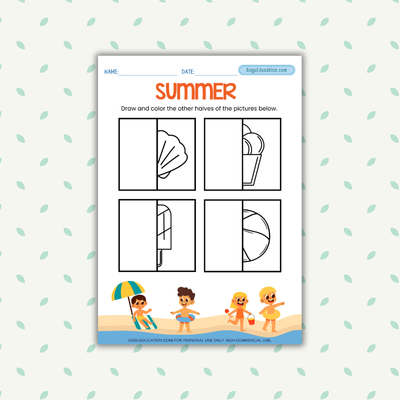 Drawing Worksheet Hot Summer Draw and Color the other halves Gogu Education