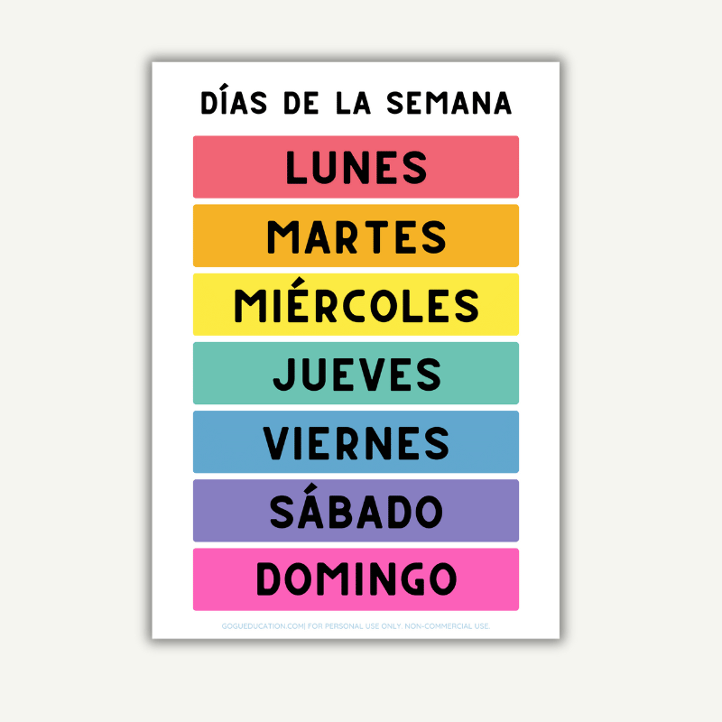 ESL Spanish Vocabulary Days of the Week - 5 Posters for Home and Classroom Gogu Education