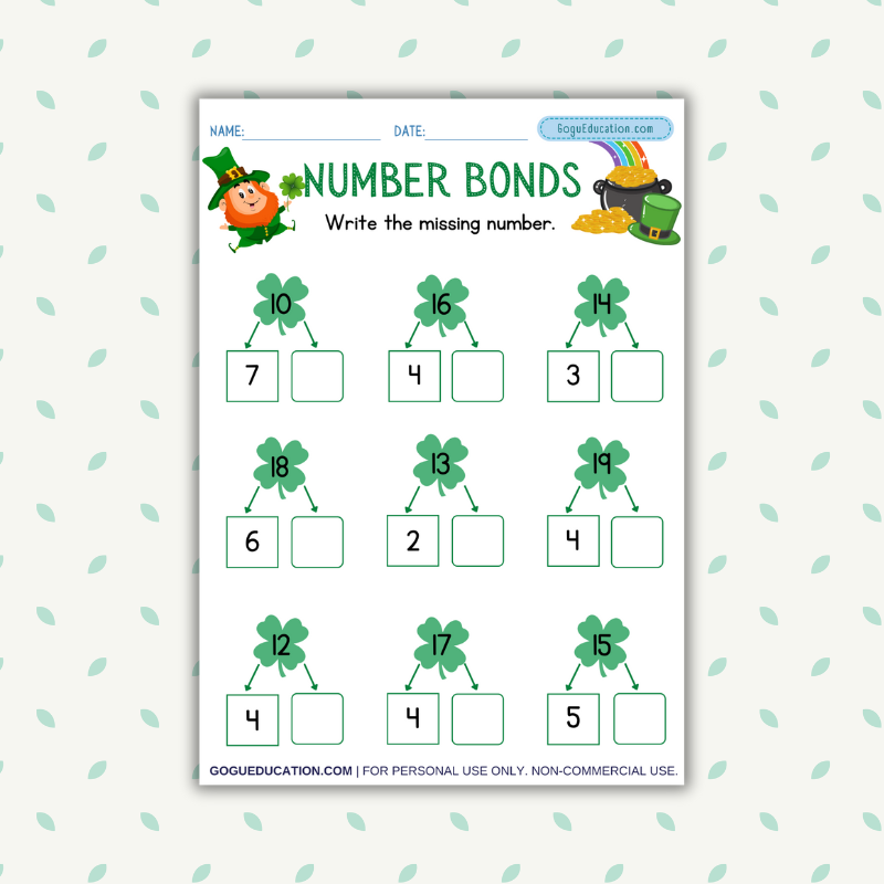 Number Bonds – Free St. Patrick’s Day Printable Worksheet for Kids