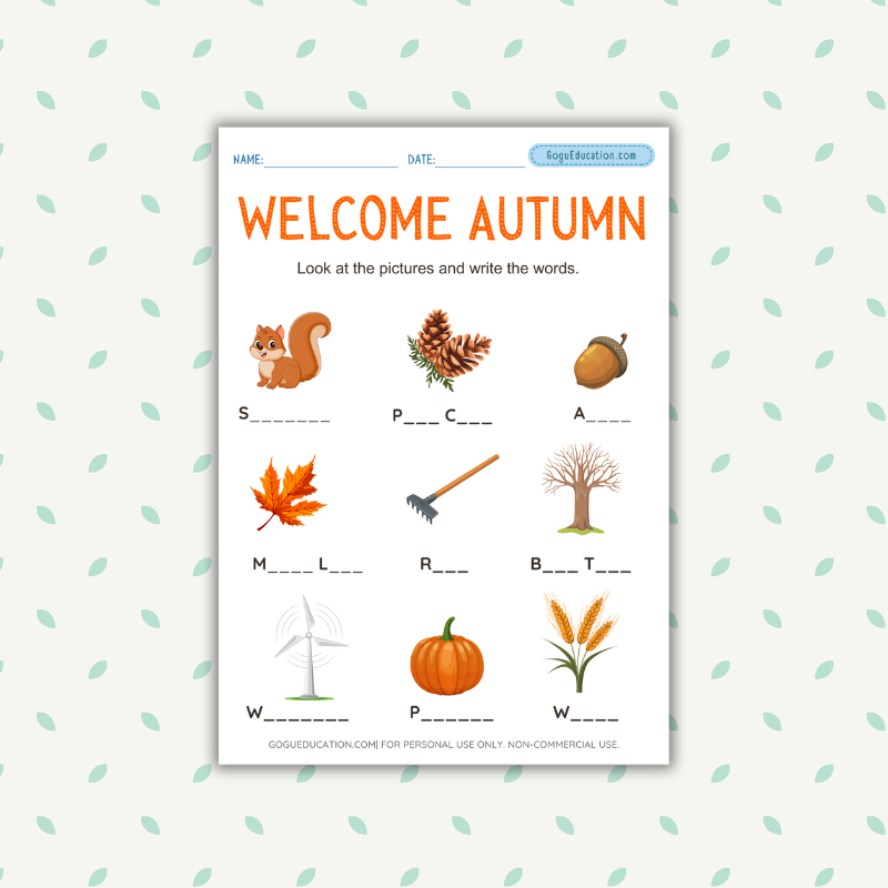 English Autumn Vocabulary Writing Worksheet