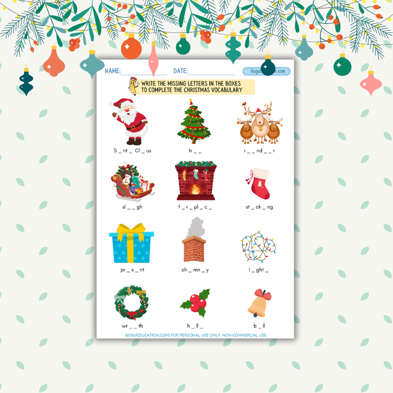 Christmas Missing Letters Worksheet