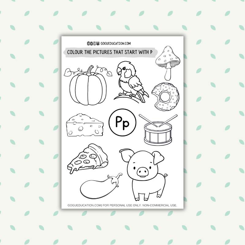 English Coloring SATPIN Phonics Worksheets Letter P