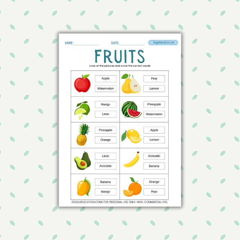 English Fruits Vocabulary Circle Correct Word Worksheet