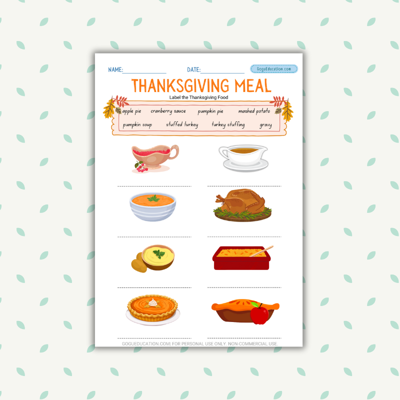 Thanksgiving Meal Vocabulary Worksheet