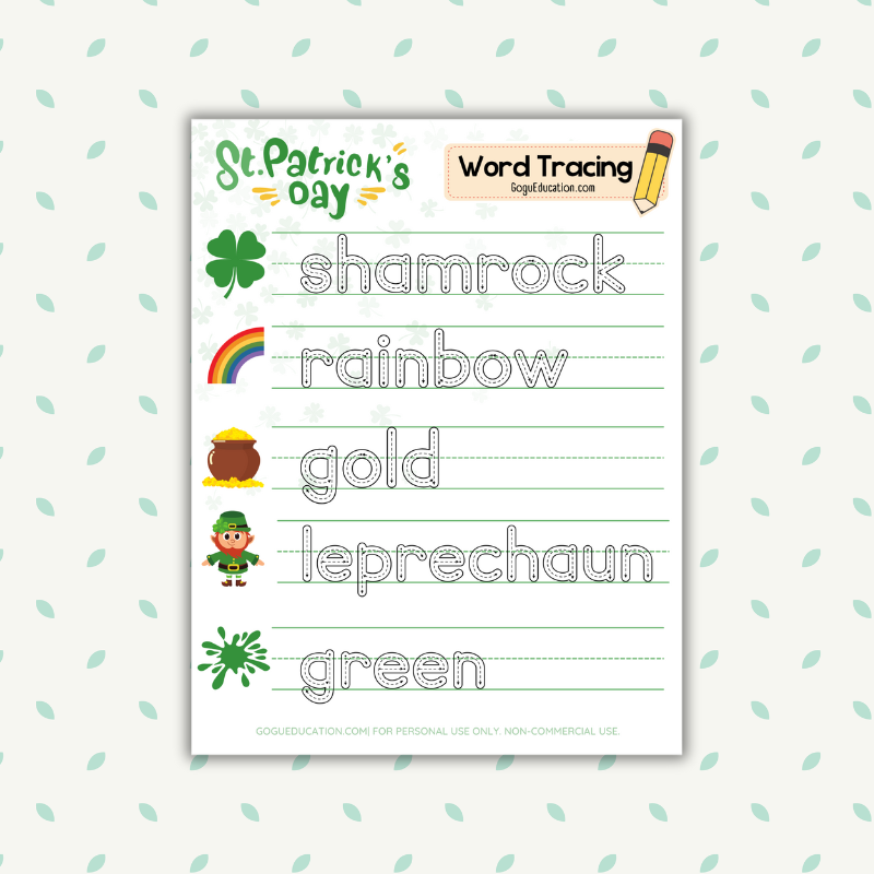 English St. Patrick's Day Word Tracing Worksheet Gogu Education