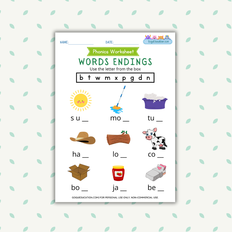 English Phonics Worksheet Word Endings Gogu Education