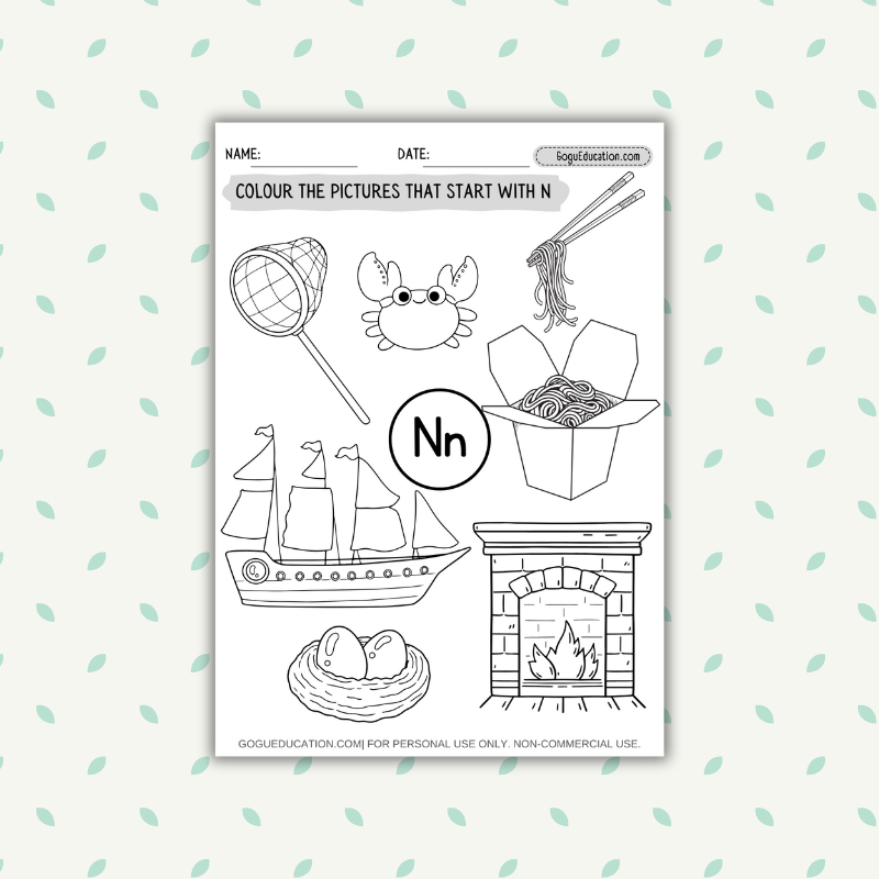 English Coloring SATPIN Phonics Worksheets Letter N