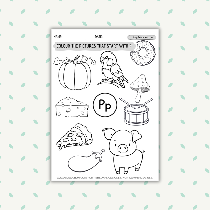 English Coloring SATPIN Phonics Worksheets Letter P