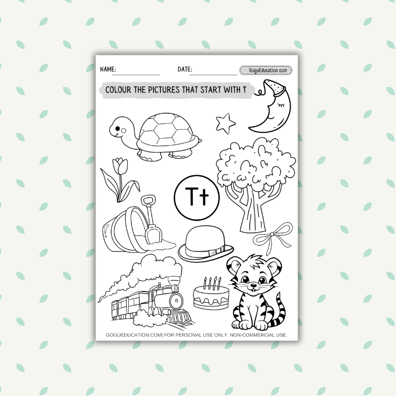 English Coloring SATPIN Phonics Worksheets Letter T