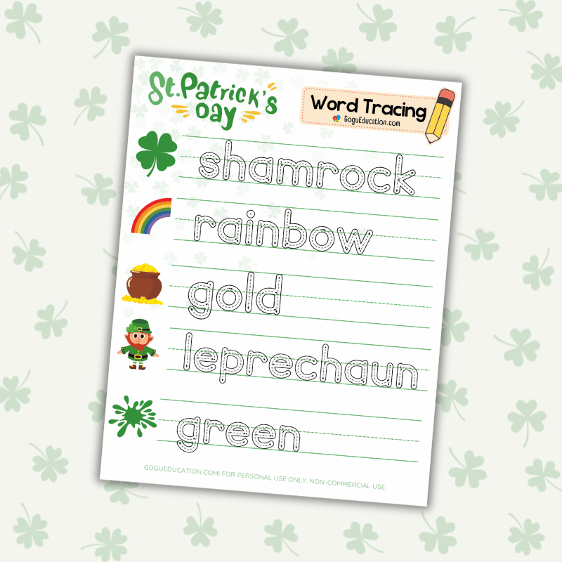 English St. Patrick's Day Word Tracing Worksheet Gogu Education