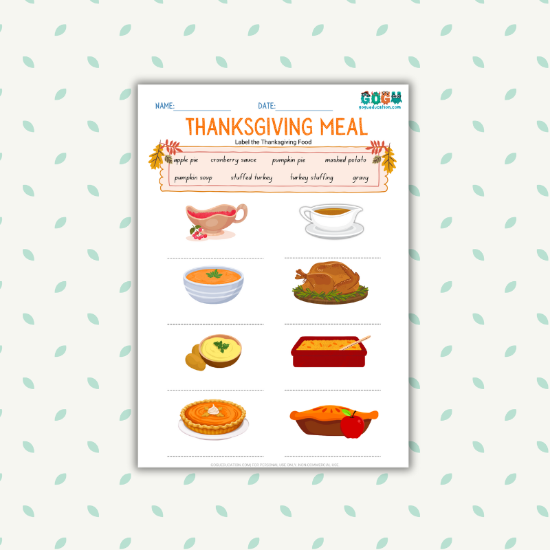 Thanksgiving Meal Vocabulary Worksheet