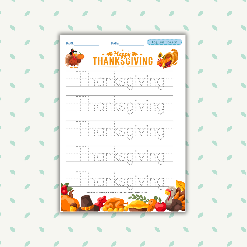 Tracing Word Thanksgiving Worksheet