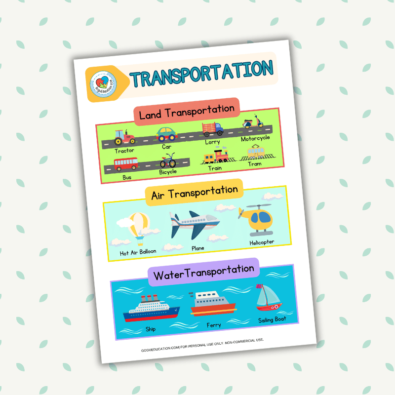 English Vocabulary Transportation Poster Gogu Education