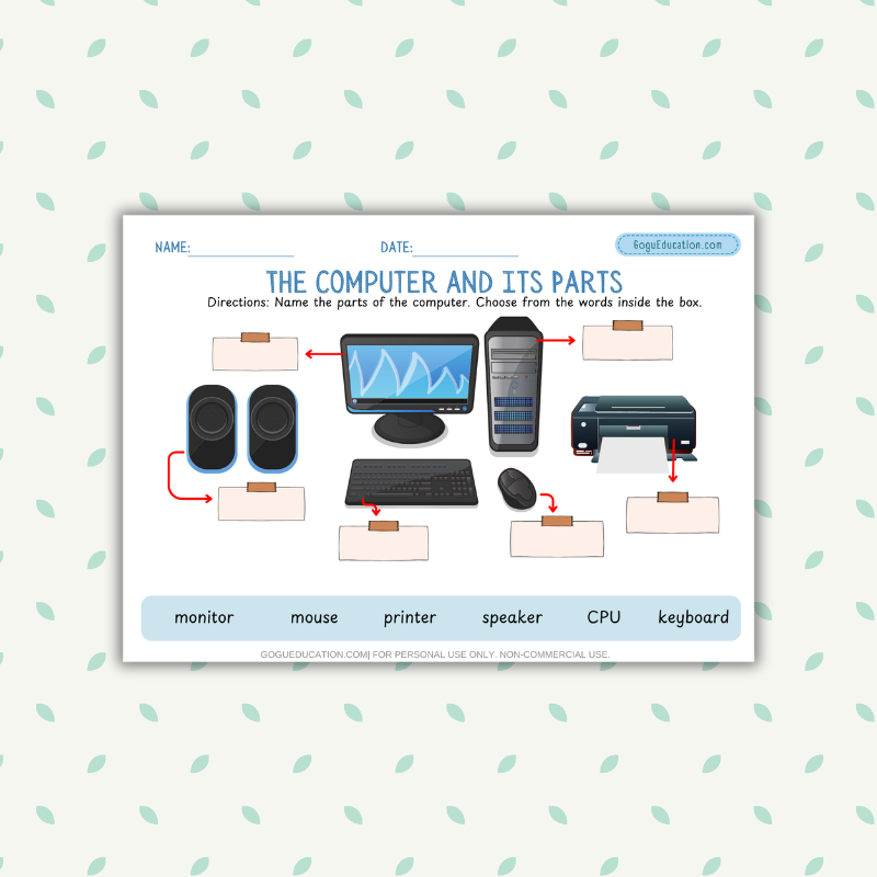 English Vocabulary Worksheet Parts of a Computer Gogu Education