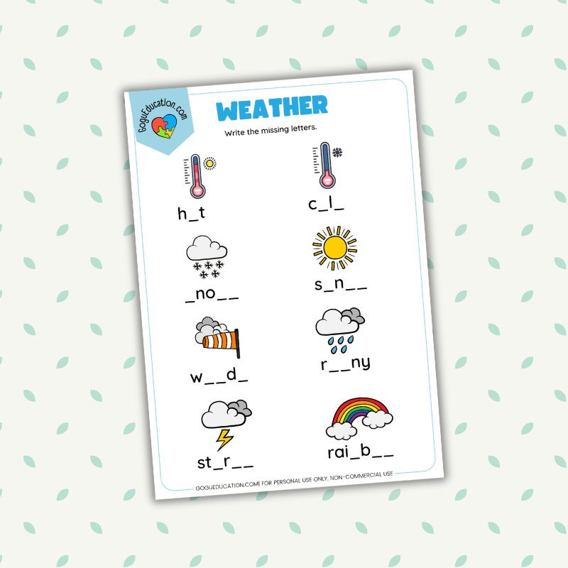 English Worksheets Weather Write the missing letters
