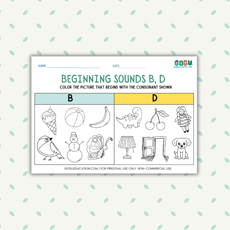 Beginning Sounds b, d Color the picture that begins with the consonant shown