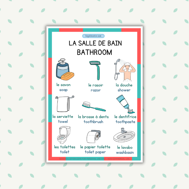 English French Vocabulary la Salle de Bain Bathroom Gogu Education